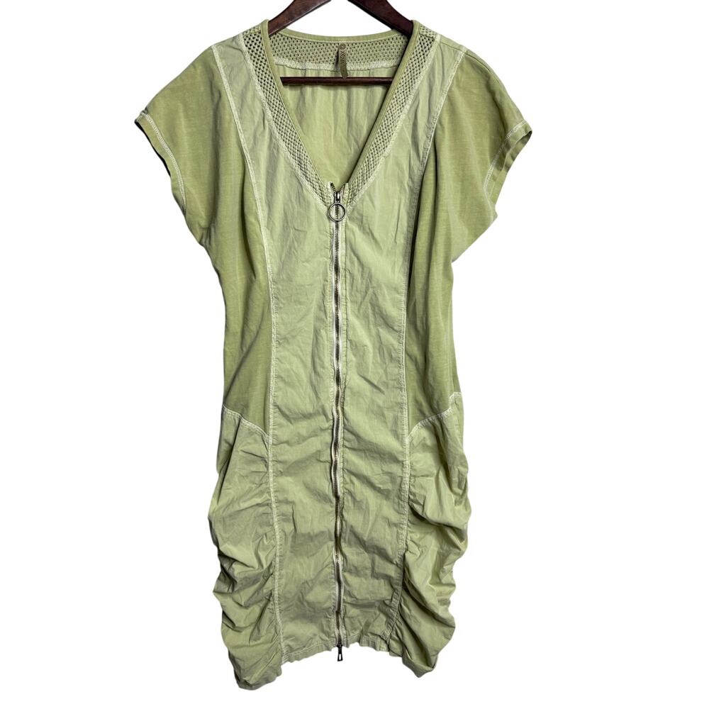 XCVI Imogen Dress Green Cotton Zip Front Ruched Knee Length size L Boho